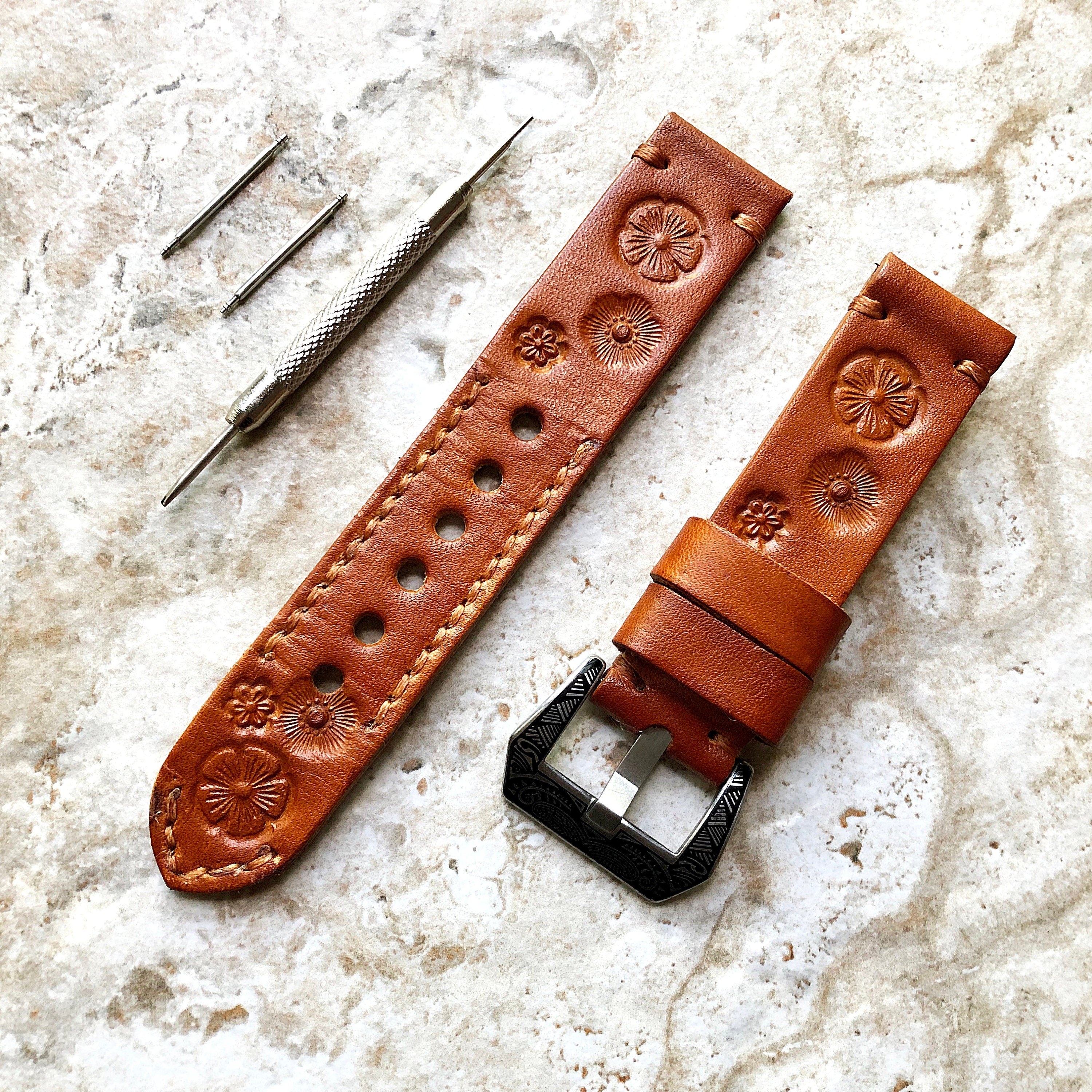 Flowers Band 22mm 24mm 25mm Tooled Embossed Genuine Leather Compatible with Apple Watch Fitbit Versa 2 3 4 Sense 2 Ionic Handmade Strap